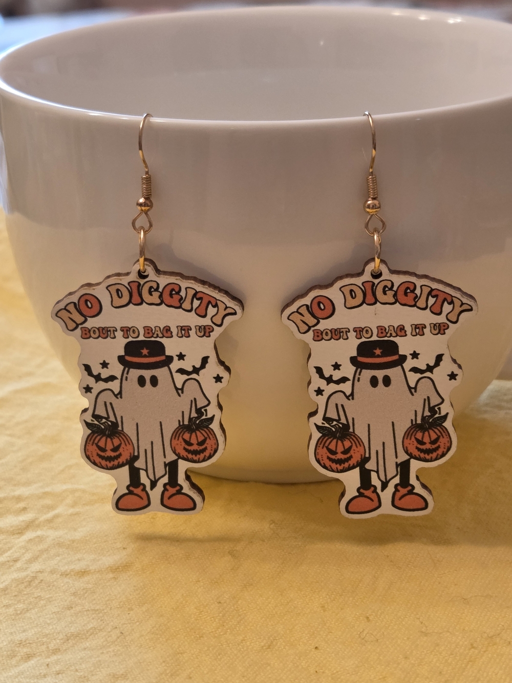 "No Diggity" Ghost Earrings -  Halloween Accessory in Orange, Black & White